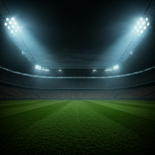 Cinematic neon football striker in a packed night stadium